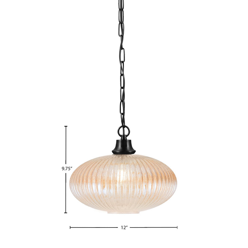 Toltec Chain 12in 1-Light Pendant | Industrial Matte Black Steel and Amber Micro Bubble Ribbed Glass | Kitchen Island & Dining Room | Model 31-MB-4653