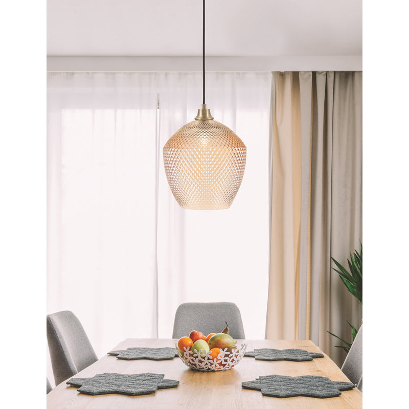 Toltec Cord 12in 1-Light Pendant | New Age Brass Steel and Amber Textured Glass | Kitchen Island & Dining Room | 12 x 12 x 15 in | Model 32-NAB-4223