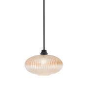Toltec Stem 12in 1-Light Pendant | Industrial Matte Black Steel and Amber Micro Bubble Ribbed Glass | Kitchen Island & Dining Room | 12 x 9 in | Model 33-MB-4653