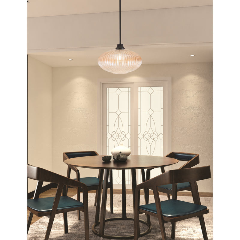 Toltec Stem 12in 1-Light Pendant | Industrial Matte Black Steel and Amber Micro Bubble Ribbed Glass | Kitchen Island & Dining Room | 12 x 9 in | Model 33-MB-4653