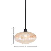 Toltec Stem 12in 1-Light Pendant | Industrial Matte Black Steel and Amber Micro Bubble Ribbed Glass | Kitchen Island & Dining Room | 12 x 9 in | Model 33-MB-4653