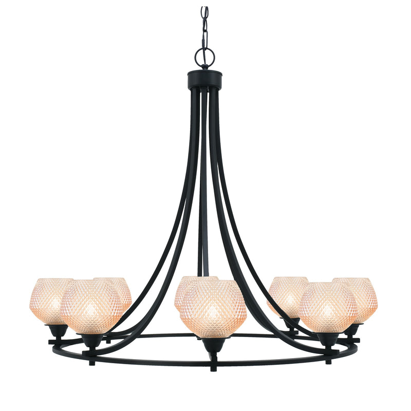 Toltec Paramount 33.25in 8-Light Chandelier | Industrial Matte Black Steel and Amber Textured Glass | Dining Room & Entryway | Model 3408-MB-4623