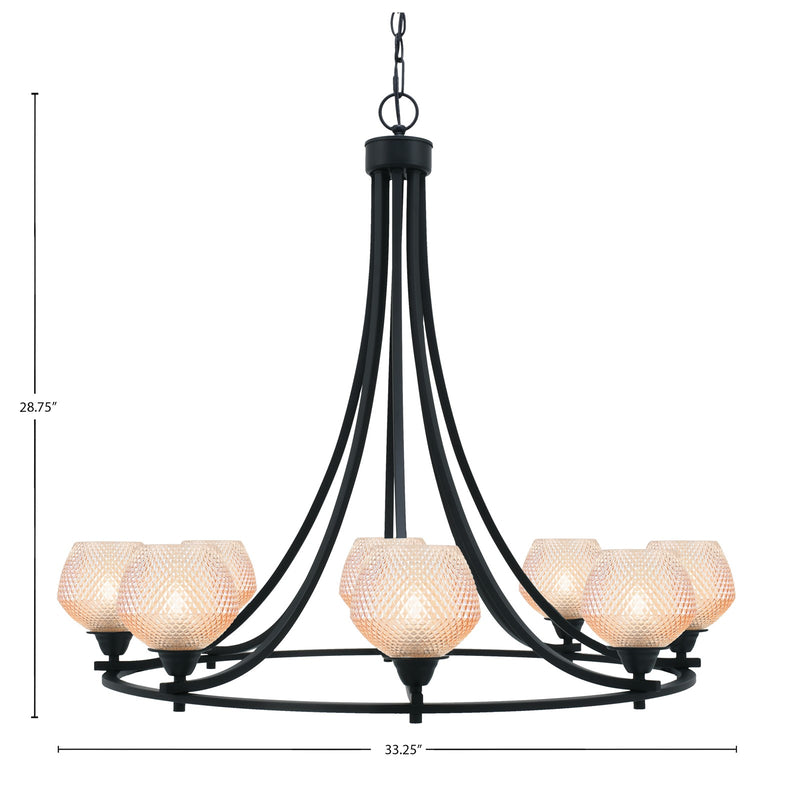 Toltec Paramount 33.25in 8-Light Chandelier | Industrial Matte Black Steel and Amber Textured Glass | Dining Room & Entryway | Model 3408-MB-4623