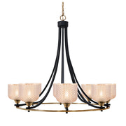 Toltec Paramount 33.25in 8-Light Uplight Chandelier | Modern Matte Black and Brass with Amber Glass | Dining Room & Foyer | 33.25 x 28.75 in | Model 3408-MBBR-4613