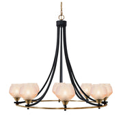 Toltec Paramount 33.25in 8-Light Chandelier | Industrial Matte Black & Brass Steel and Amber Textured Glass | Dining Room & Entryway | Model 3408-MBBR-4623