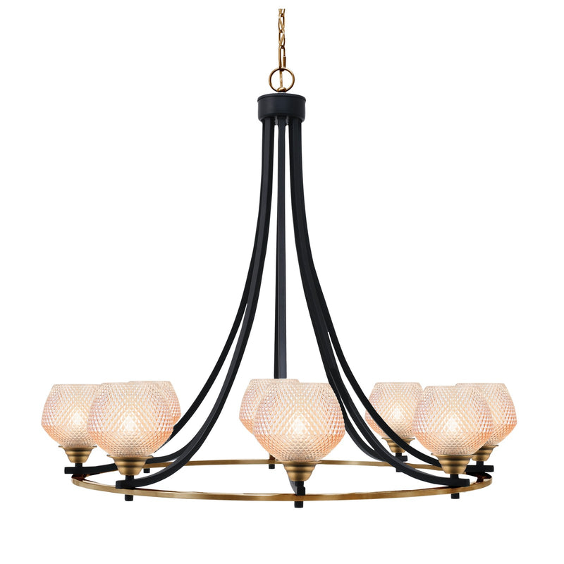 Toltec Paramount 33.25in 8-Light Chandelier | Industrial Matte Black & Brass Steel and Amber Textured Glass | Dining Room & Entryway | Model 3408-MBBR-4623