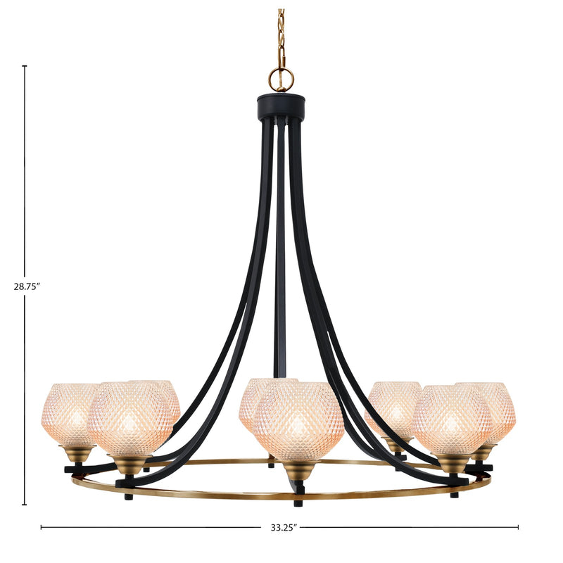 Toltec Paramount 33.25in 8-Light Chandelier | Industrial Matte Black & Brass Steel and Amber Textured Glass | Dining Room & Entryway | Model 3408-MBBR-4623