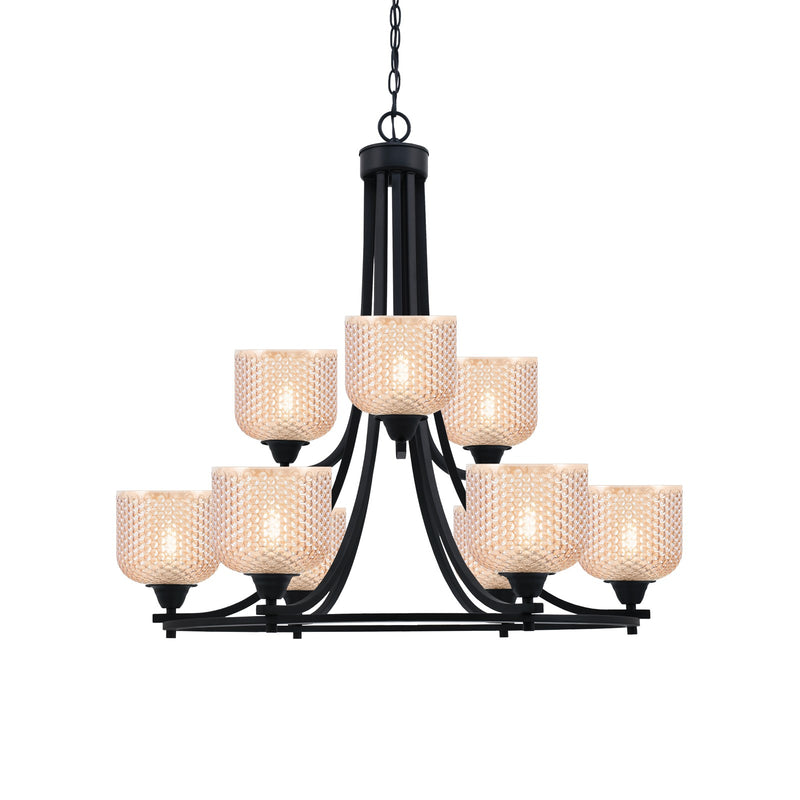 Toltec Paramount 31in 9-Light Uplight Chandelier | Industrial Matte Black Steel and Amber Textured Glass | Dining Room & Living Room | 31.5 x 27.25 in | Model 3409-MB-4613