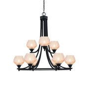 Toltec Paramount 31.5in 9-Light Chandelier | Industrial Matte Black Steel and Amber Textured Glass | Dining Room & Entryway | 31.5 x 31.5 x 27.25 in | Model 3409-MB-4623