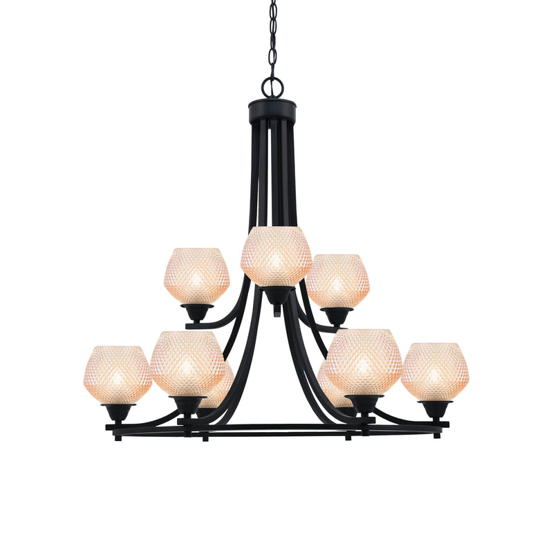 Toltec Paramount 31.5in 9-Light Chandelier | Industrial Matte Black Steel and Amber Textured Glass | Dining Room & Entryway | 31.5 x 31.5 x 27.25 in | Model 3409-MB-4623