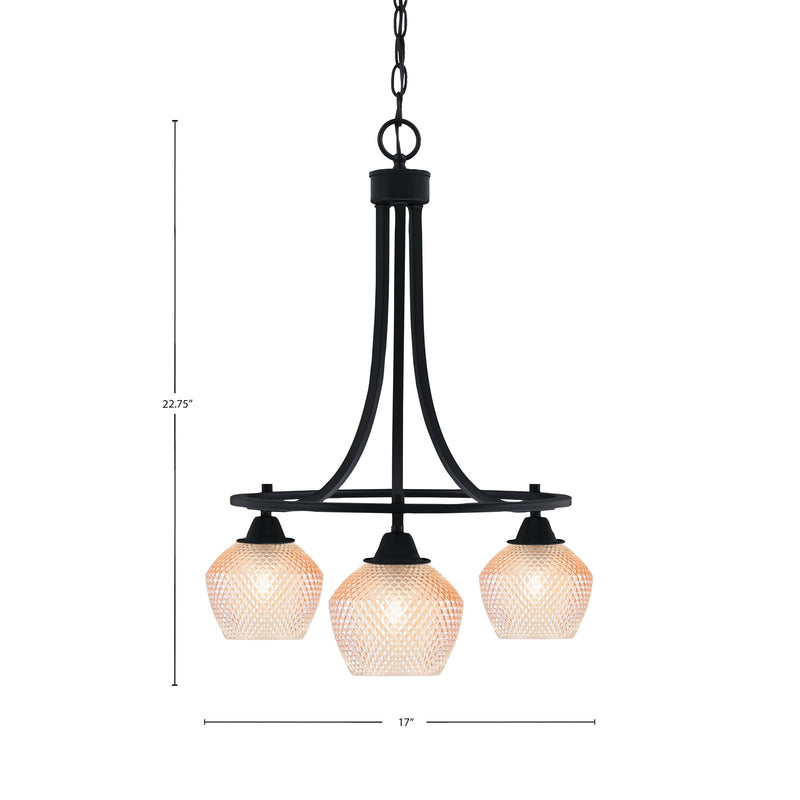 Toltec Paramount 17in 3-Light Downlight Chandelier | Industrial Matte Black Steel and Amber Textured Glass | Kitchen Island & Dining Room | Model 3413-MB-4623