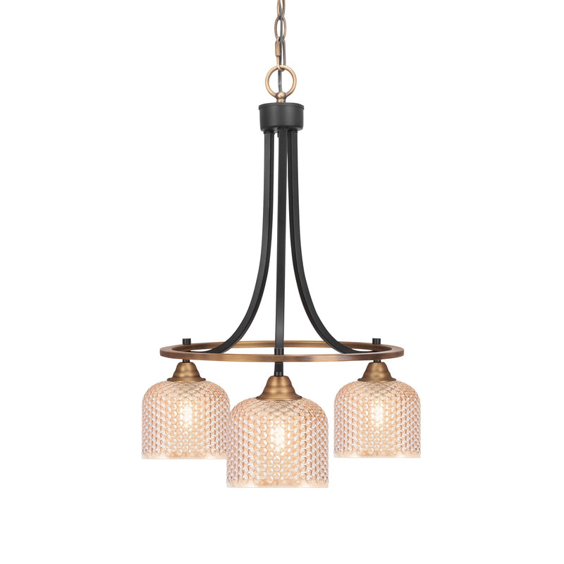 Toltec Paramount 17in 3-Light Downlight Chandelier | Industrial Matte Black & Brass Steel and Amber Textured Glass | Dining Room & Kitchen Island | Model 3413-MBBR-4613