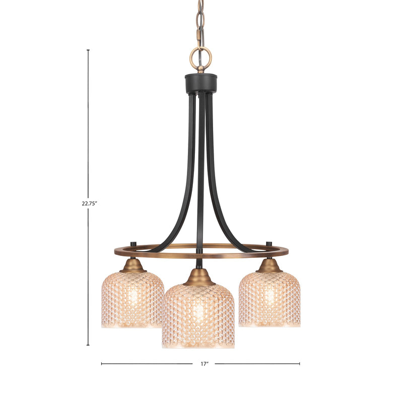 Toltec Paramount 17in 3-Light Downlight Chandelier | Industrial Matte Black & Brass Steel and Amber Textured Glass | Dining Room & Kitchen Island | Model 3413-MBBR-4613