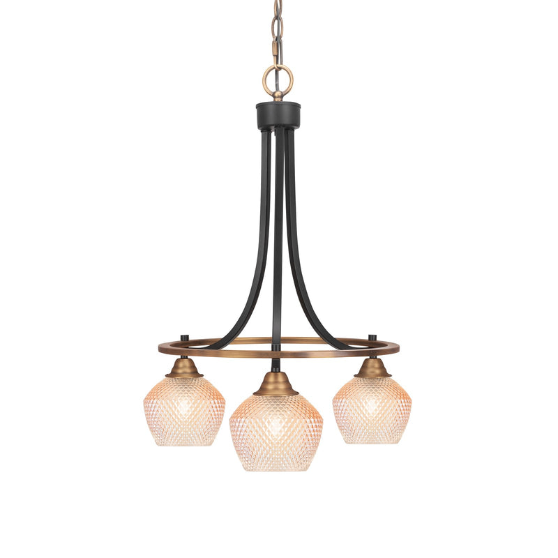 Toltec Paramount 17in 3-Light Downlight Chandelier | Industrial Matte Black & Brass Steel and Amber Textured Glass | Kitchen Island & Dining Room | Model 3413-MBBR-4623