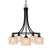Toltec Paramount 24in 5-Light Downlight Chandelier | Industrial Matte Black Steel and Amber Textured Glass | Dining Room & Kitchen Island | Model 3415-MB-4613