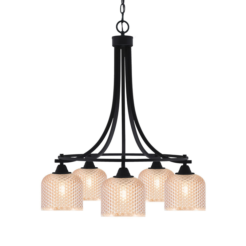 Toltec Paramount 24in 5-Light Downlight Chandelier | Industrial Matte Black Steel and Amber Textured Glass | Dining Room & Kitchen Island | Model 3415-MB-4613