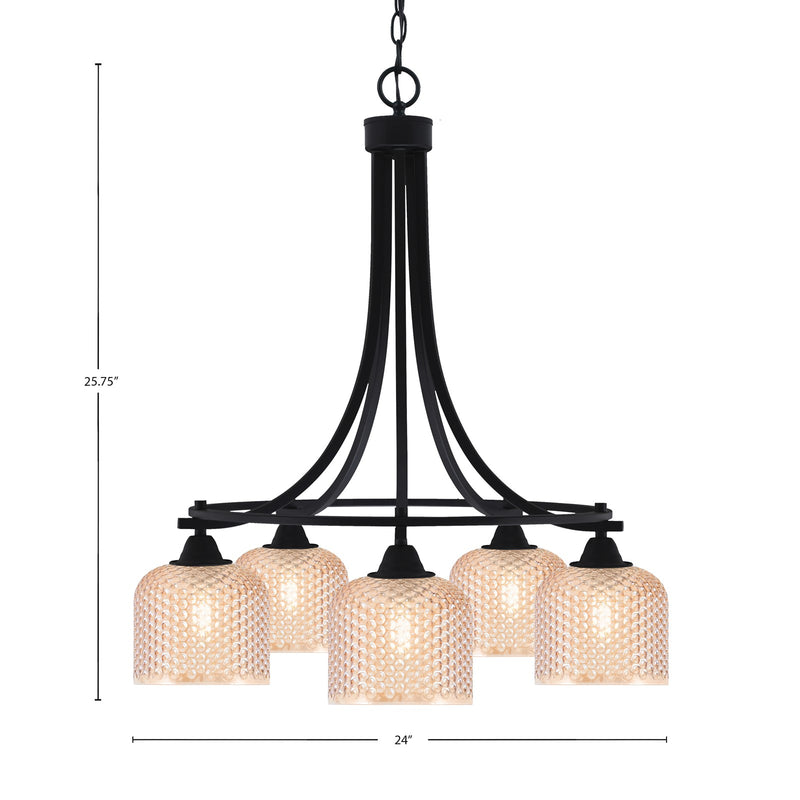 Toltec Paramount 24in 5-Light Downlight Chandelier | Industrial Matte Black Steel and Amber Textured Glass | Dining Room & Kitchen Island | Model 3415-MB-4613