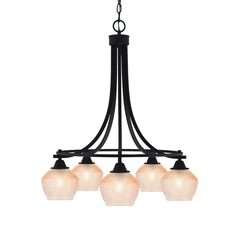 Toltec Paramount 24in 5-Light Downlight Chandelier | Industrial Matte Black Steel and Amber Textured Glass | Dining Room & Kitchen Island | Model 3415-MB-4623