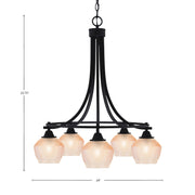 Toltec Paramount 24in 5-Light Downlight Chandelier | Industrial Matte Black Steel and Amber Textured Glass | Dining Room & Kitchen Island | Model 3415-MB-4623