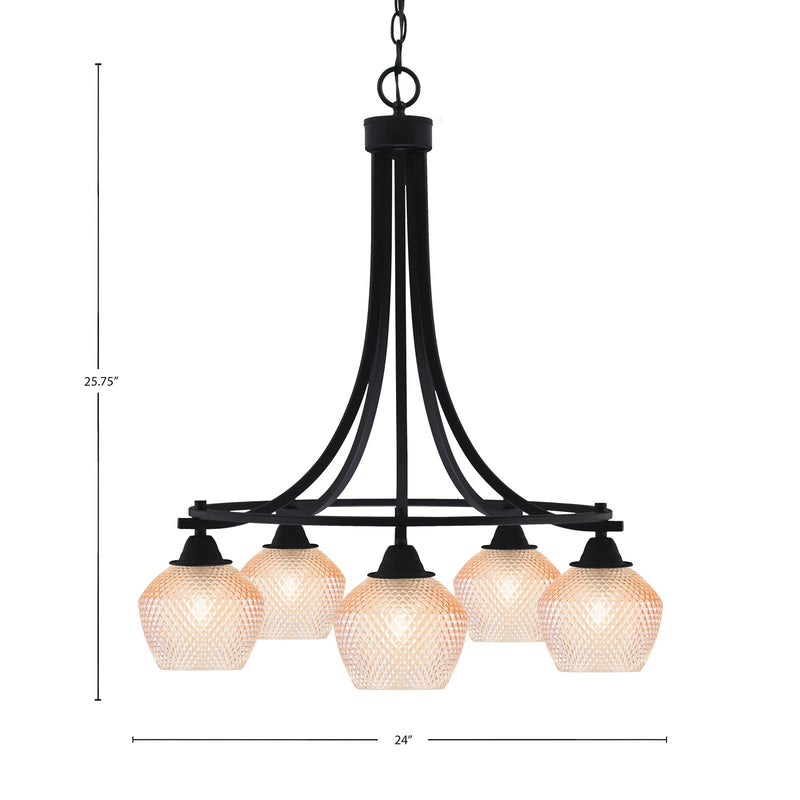 Toltec Paramount 24in 5-Light Downlight Chandelier | Industrial Matte Black Steel and Amber Textured Glass | Dining Room & Kitchen Island | Model 3415-MB-4623