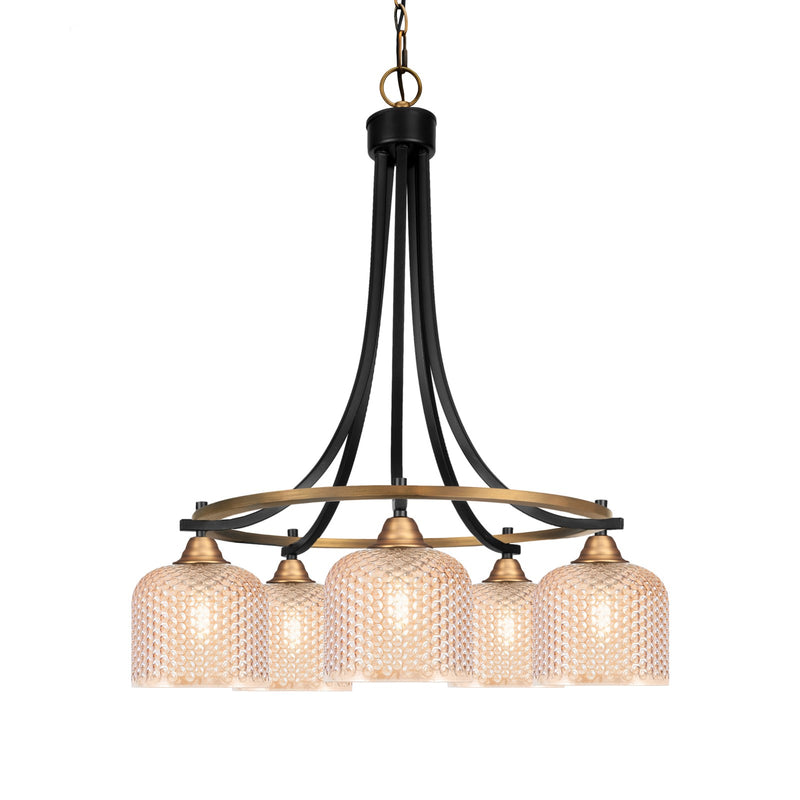 Toltec Paramount 24in 5-Light Chandelier | Industrial Matte Black & Brass and Amber Textured Glass | Dining Room & Living Room | 24 x 25.75 in | Model 3415-MBBR-4613