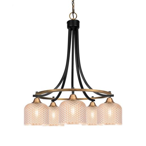 Toltec Paramount 24in 5-Light Chandelier | Industrial Matte Black & Brass and Amber Textured Glass | Dining Room & Living Room | 24 x 25.75 in | Model 3415-MBBR-4613