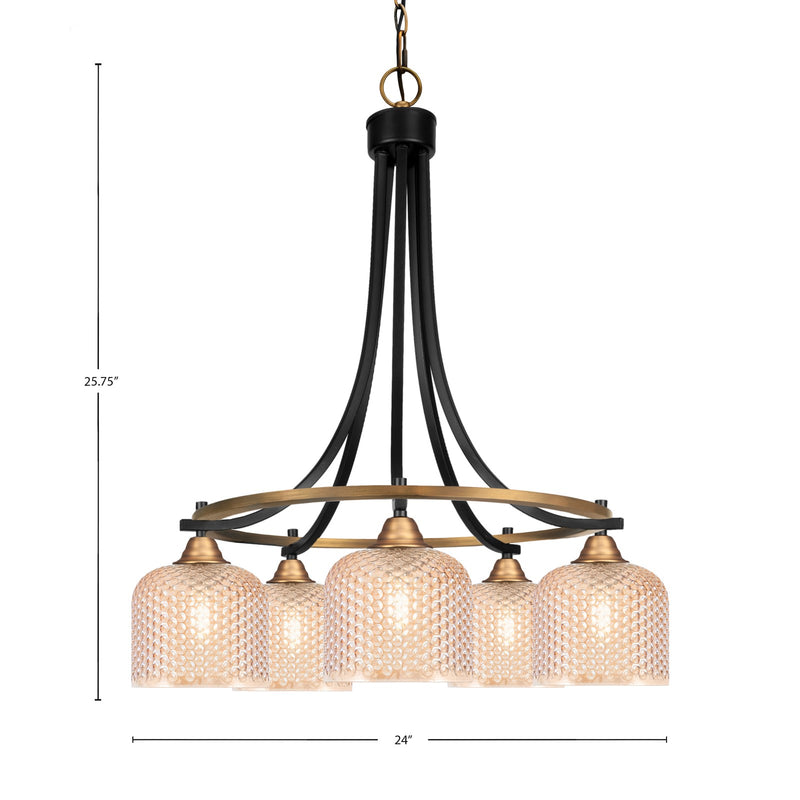 Toltec Paramount 24in 5-Light Chandelier | Industrial Matte Black & Brass and Amber Textured Glass | Dining Room & Living Room | 24 x 25.75 in | Model 3415-MBBR-4613