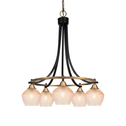 Toltec Paramount 24in 5-Light Downlight Chandelier | Industrial Matte Black & Brass Steel and Amber Textured Glass | Dining Room & Kitchen Island | Model 3415-MBBR-4623