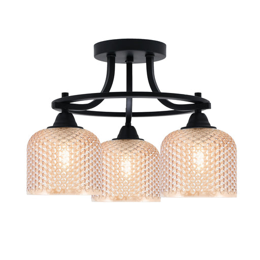 Toltec Paramount 14in 3-Light Semi-Flush Mount | Industrial Matte Black and Amber Textured Glass | Hallway & Bedroom | 14 x 12.75 in | Model 3417-MB-4613