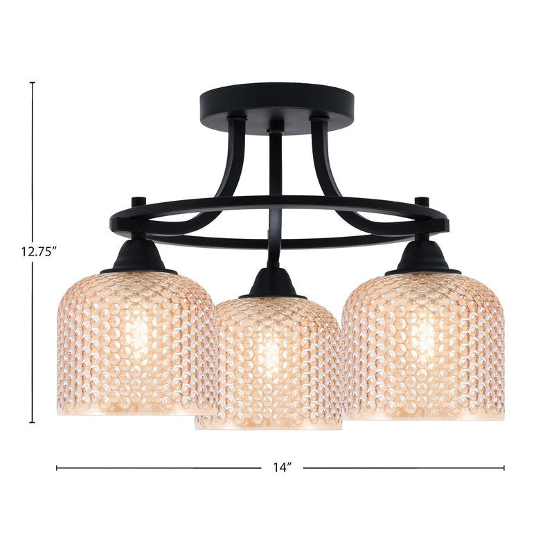 Toltec Paramount 14in 3-Light Semi-Flush Mount | Industrial Matte Black and Amber Textured Glass | Hallway & Bedroom | 14 x 12.75 in | Model 3417-MB-4613