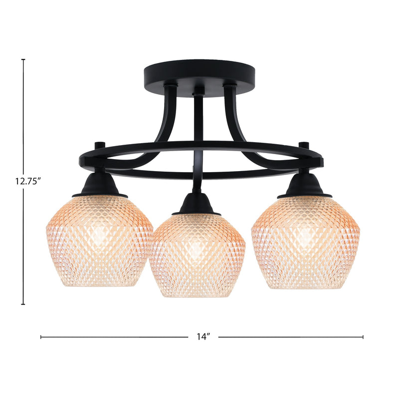 Toltec Paramount 14in 3-Light Semi-Flush Mount | Industrial Matte Black Steel and Amber Textured Glass | Entryway & Hallway | 14 x 12.75 in | Model 3417-MB-4623