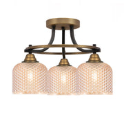 Toltec Paramount 14in 3-Light Semi-Flush Mount | Industrial Matte Black & Brass and Amber Textured Glass | Hallway & Bedroom | 14 x 12.75 in | Model 3417-MBBR-4613