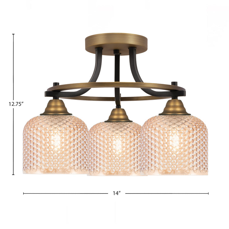 Toltec Paramount 14in 3-Light Semi-Flush Mount | Industrial Matte Black & Brass and Amber Textured Glass | Hallway & Bedroom | 14 x 12.75 in | Model 3417-MBBR-4613