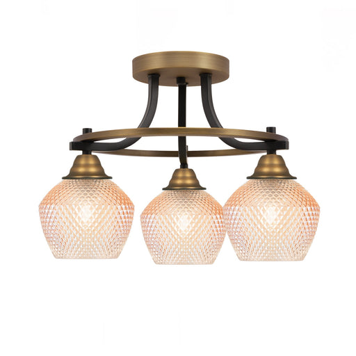 Toltec Paramount 14in 3-Light Semi-Flush Mount | Industrial Matte Black & Brass Steel and Amber Textured Glass | Entryway & Hallway | 14 x 12.75 in | Model 3417-MBBR-4623