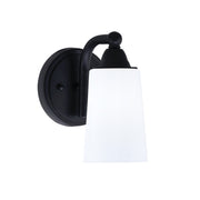 Toltec Paramount 5in 1-Light Wall Sconce | Matte Black and White Opal Glass | Bathroom & Hallway | 5 x 7 x 9 in | Model 3421-MB-261
