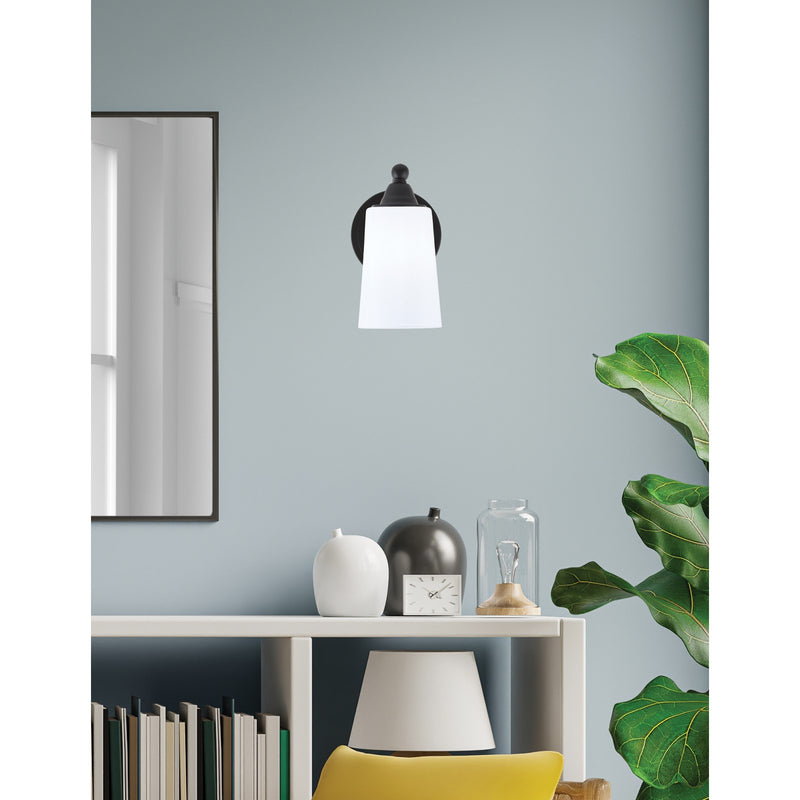 Toltec Paramount 5in 1-Light Wall Sconce | Matte Black and White Opal Glass | Bathroom & Hallway | 5 x 7 x 9 in | Model 3421-MB-261