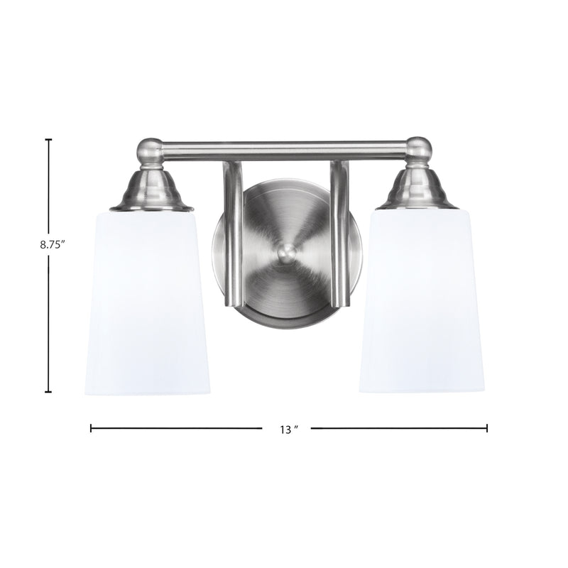 Toltec Paramount 2-Light Bath Bar | Transitional Brushed Nickel and White Opal Glass | Bathroom Vanity & Powder Room | 7.25 x 8.75 in | Model 3422-BN-261
