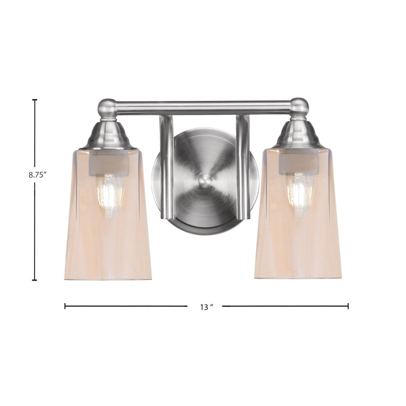 Toltec Paramount 2-Light Bath Bar | Transitional Brushed Nickel and Amber Gradient Glass | Bathroom Vanity & Powder Room | 7.25 x 8.75 in | Model 3422-BN-263