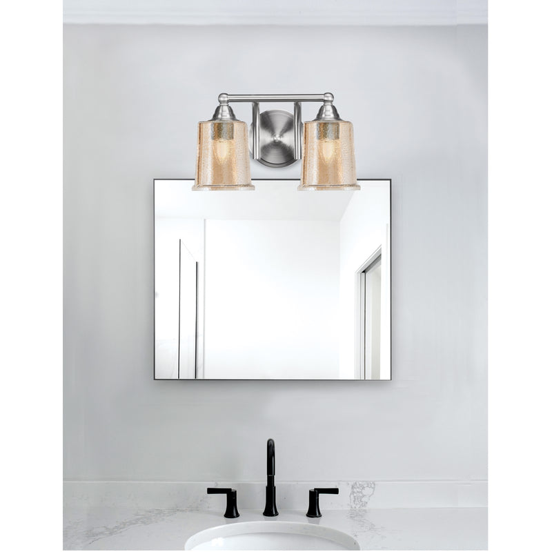Toltec Paramount 2-Light Bath Bar | Brushed Nickel and Amber Bubble Glass | Bathroom Vanity & Powder Room | 7.25 x 7.75 in | Model 3422-BN-5033