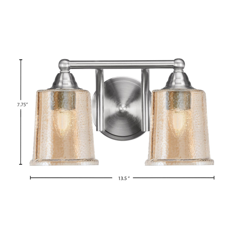 Toltec Paramount 2-Light Bath Bar | Brushed Nickel and Amber Bubble Glass | Bathroom Vanity & Powder Room | 7.25 x 7.75 in | Model 3422-BN-5033