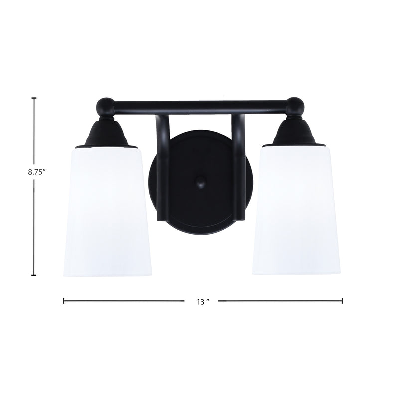 Toltec Paramount 2-Light Bath Bar | Matte Black and White Opal Glass | Bathroom & Powder Room Vanity Light | 7.25 x 8.75 in | Model 3422-MB-261