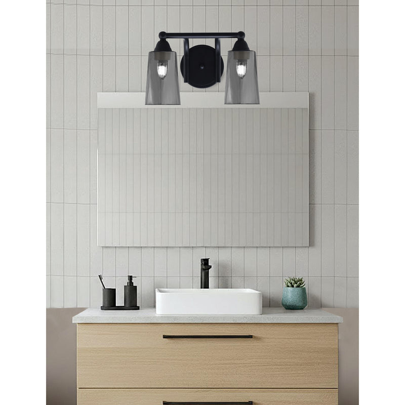 Toltec Paramount 2-Light Bath Bar | Matte Black and Smoke Bubble Glass | Bathroom & Powder Room Vanity Light | 7.25 x 8.75 in | Model 3422-MB-262