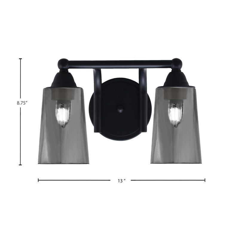 Toltec Paramount 2-Light Bath Bar | Matte Black and Smoke Bubble Glass | Bathroom & Powder Room Vanity Light | 7.25 x 8.75 in | Model 3422-MB-262
