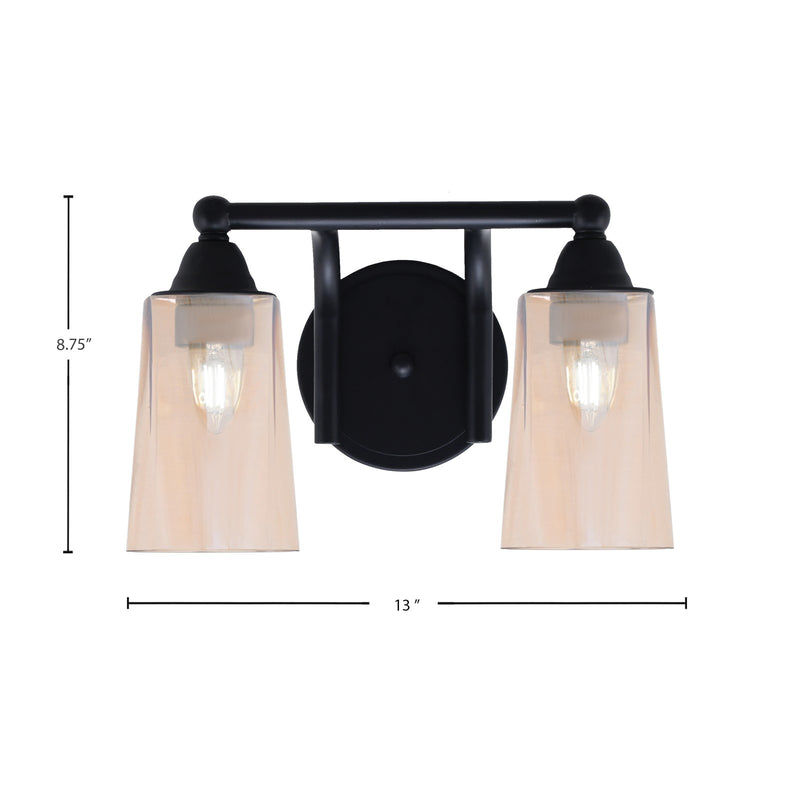 Toltec Paramount 2-Light Bath Bar | Modern Matte Black and Amber Gradient Glass | Bathroom Vanity & Powder Room | 7.25 x 8.75 in | Model 3422-MB-263