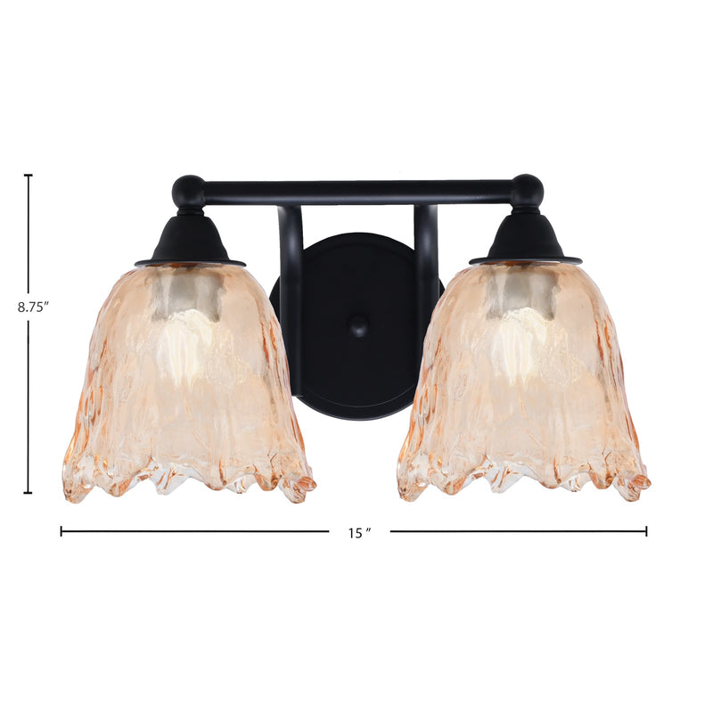 Toltec Paramount 2-Light Bath Bar | Modern Matte Black Steel and Amber Lava Glass | Bathroom & Powder Room Vanity | 8 x 8.75 in | Model 3422-MB-4233