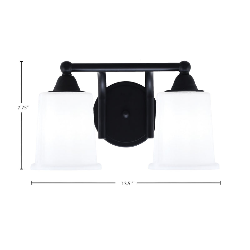 Toltec Paramount 2-Light Bath Bar | Modern Matte Black and White Opal Glass | Bathroom Vanity & Powder Room | 7.25 x 7.75 in | Model 3422-MB-5031