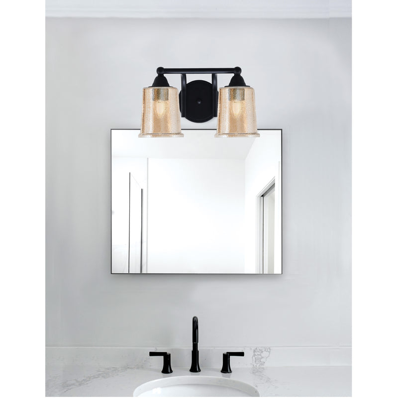 Toltec Paramount 2-Light Bath Bar | Modern Matte Black Steel and Amber Bubble Glass | Bathroom & Powder Room Vanity | 7.25 x 7.75 in | Model 3422-MB-5033