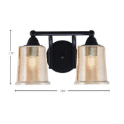 Toltec Paramount 2-Light Bath Bar | Modern Matte Black Steel and Amber Bubble Glass | Bathroom & Powder Room Vanity | 7.25 x 7.75 in | Model 3422-MB-5033