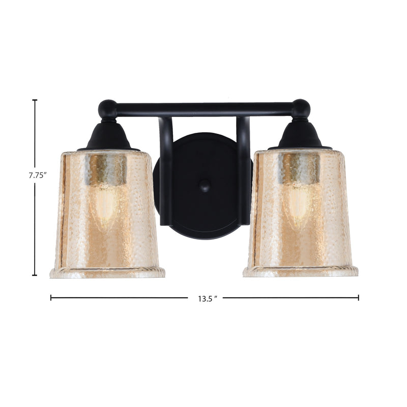 Toltec Paramount 2-Light Bath Bar | Modern Matte Black Steel and Amber Bubble Glass | Bathroom & Powder Room Vanity | 7.25 x 7.75 in | Model 3422-MB-5033