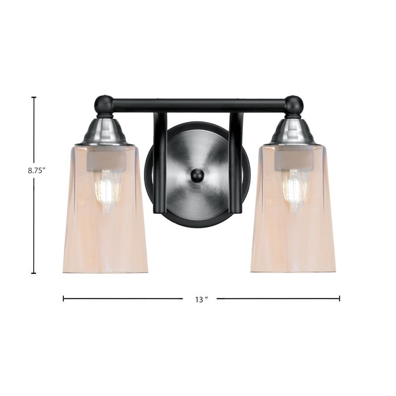 Toltec Paramount 2-Light Bath Bar | Matte Black & Brushed Nickel Steel and Amber Gradient Glass | Bathroom Vanity & Powder Room | 7.25 x 8.75 in | Model 3422-MBBN-263